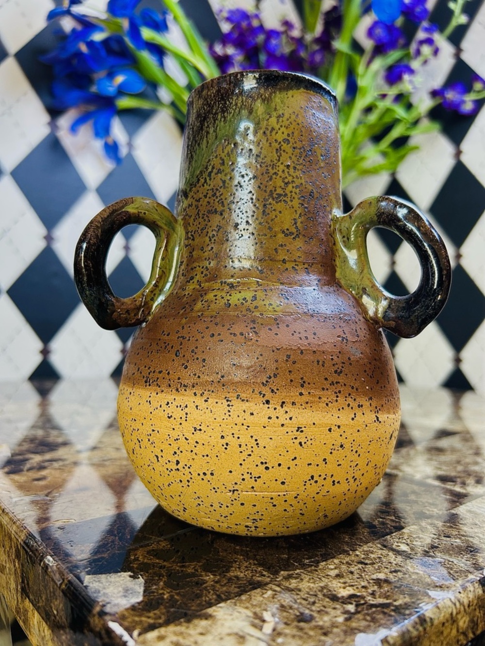 Triple Handle Studio Pottery Vase Signed Speckled Earth Tone Rustic Green Beige
